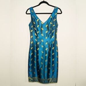 VTG Mica Two Tone Satin Paisley Print Sleeveless Sheath Dress Blue Green Gold 4